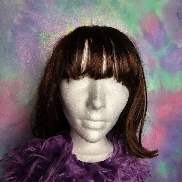 Dark Brown Bob Synthetic Wig w/ Caramel Bronze Highlights & Bangs - Picture 2 of 8